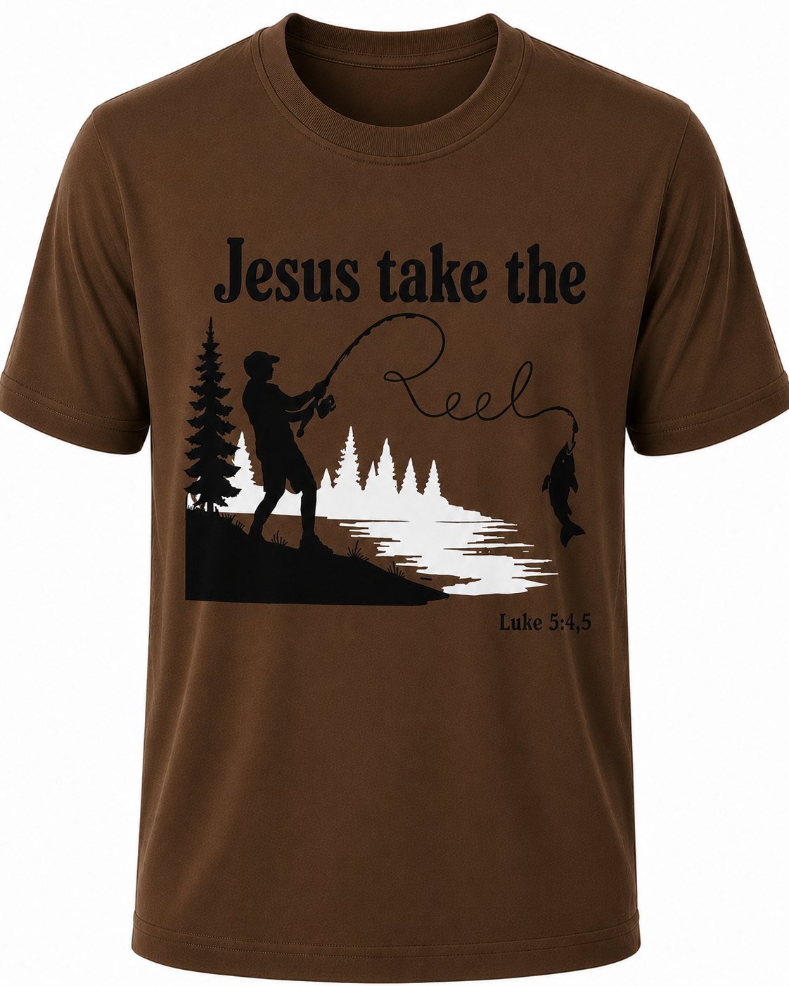 Dark Brown Christian T-shirt featuring the "Jesus Take the Reel" design, encouraging believers to honor Christ in every aspect of life, including what they watch and share.