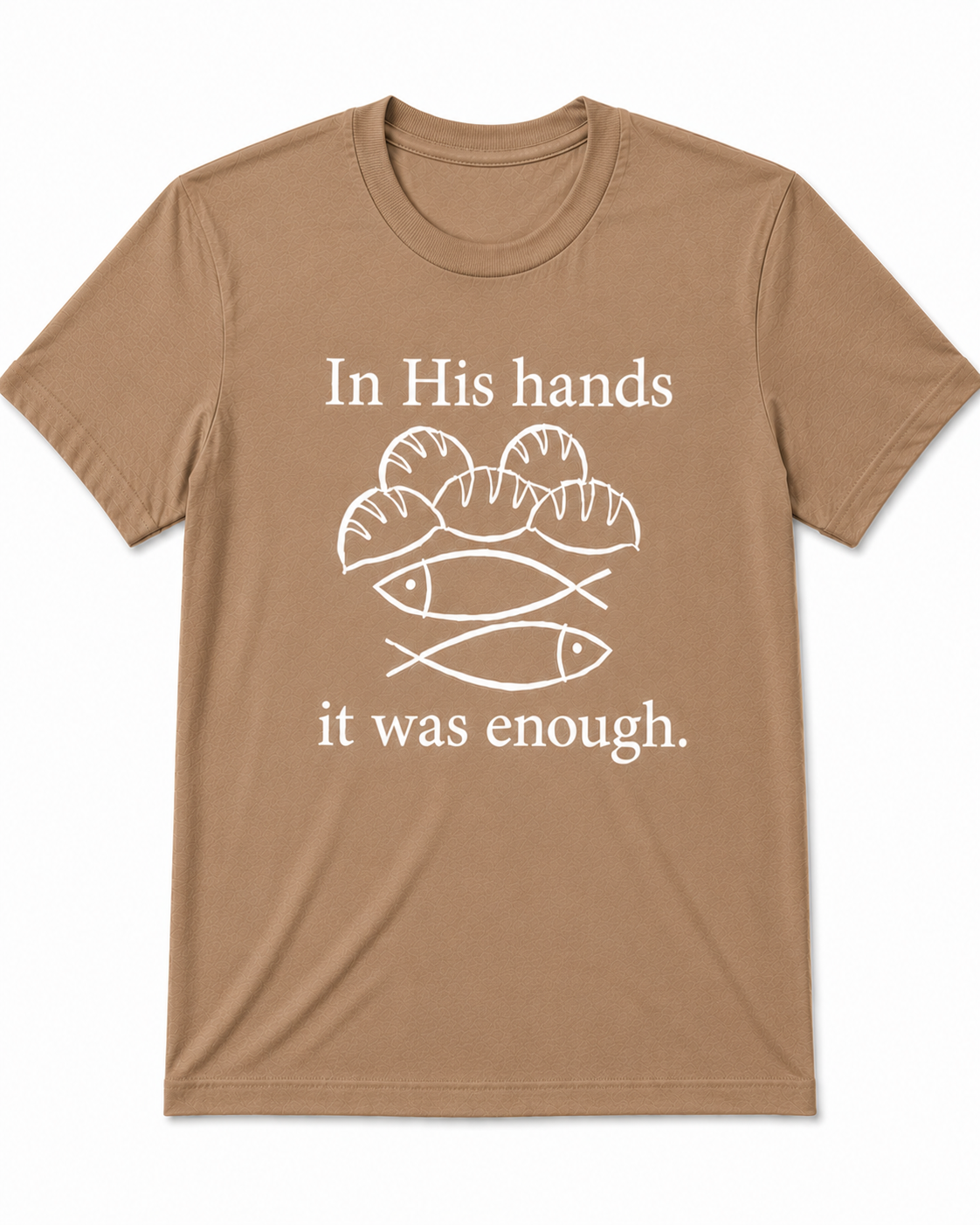 Light Brown Christian T-shirt featuring the "Fishes & Loaves" design inspired by Matthew 14:13–21, reminding believers that Jesus can multiply even the smallest offering for His glory.