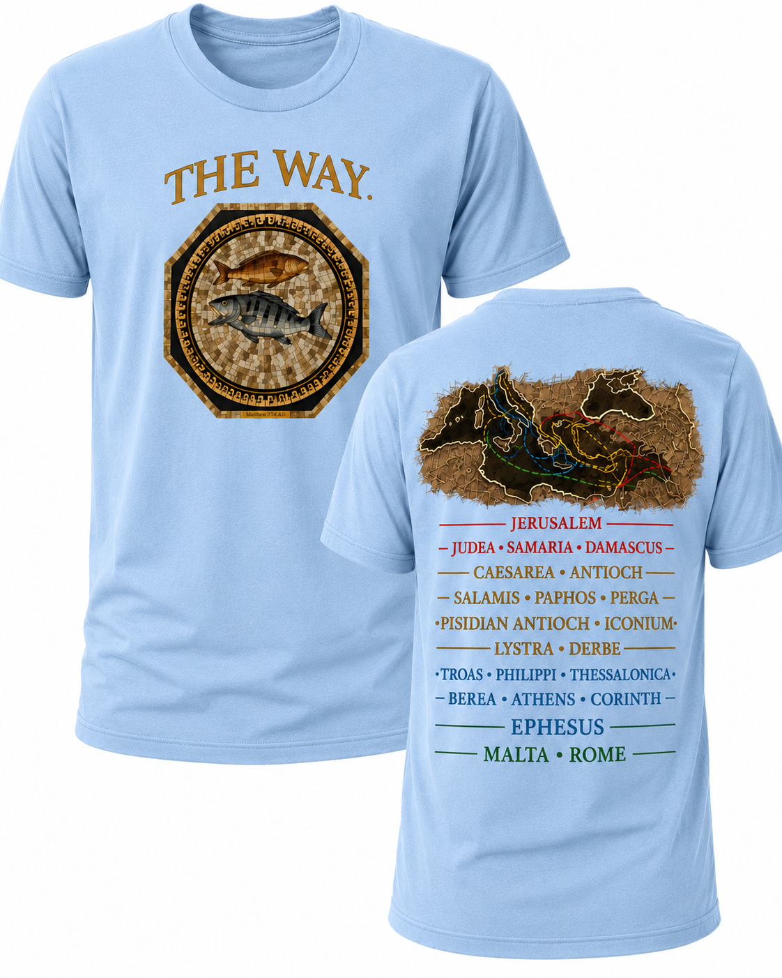 Light Blue Christian T-shirt featuring "The Way" design inspired by John 14:6, highlighting the Apostle Paul's missionary journeys and proclaiming Jesus as the only way to the Father.