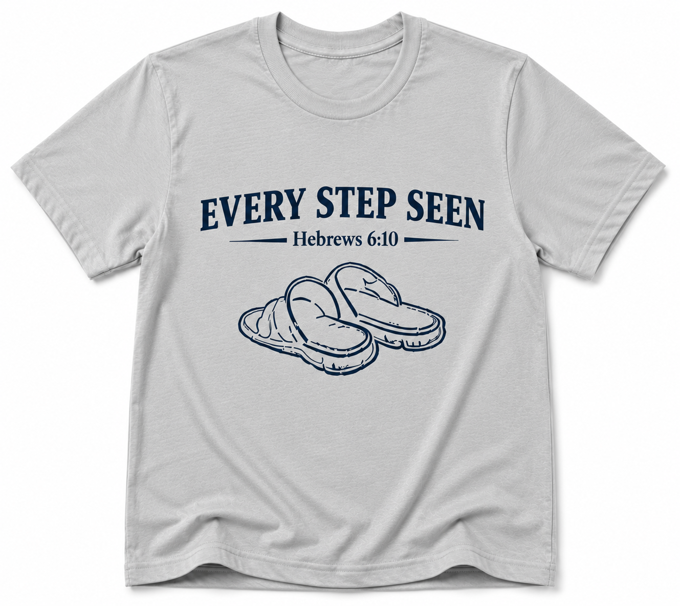 Light Gray Christian T-shirt featuring the “Every Step Seen” design, reminding believers that God sees, knows, and walks with them through every step of life.
