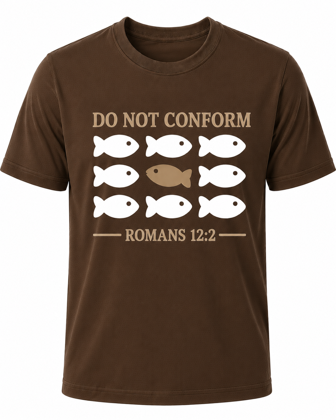 Dark Brown Christian T-shirt featuring the "Do Not Conform" design inspired by Romans 12:2, encouraging believers to stand apart from the world and be transformed by the renewing of their minds.
