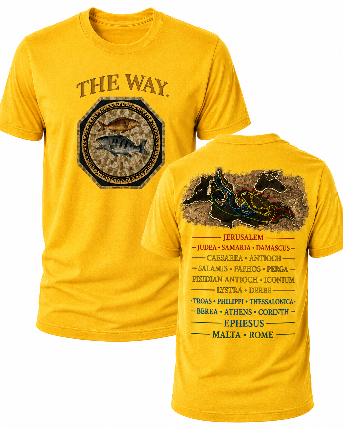Yellow Christian T-shirt featuring "The Way" design inspired by John 14:6, highlighting the Apostle Paul's missionary journeys and proclaiming Jesus as the only way to the Father.