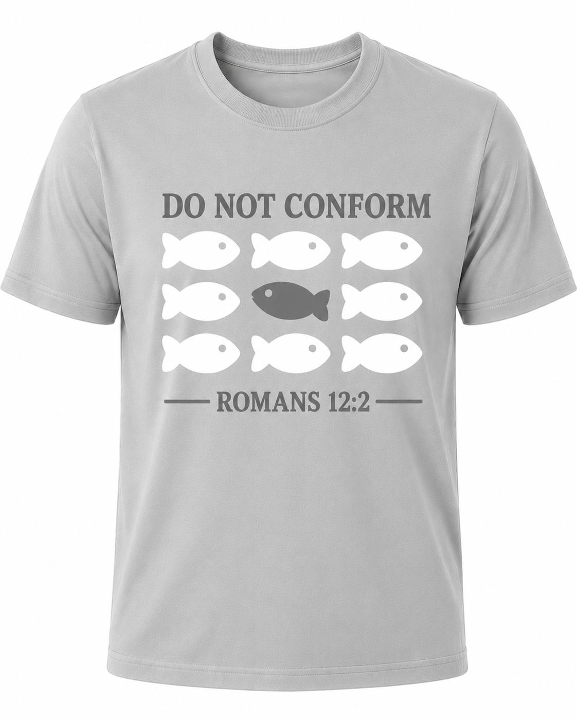 Light Gray Christian T-shirt featuring the "Do Not Conform" design inspired by Romans 12:2, encouraging believers to stand apart from the world and be transformed by the renewing of their minds.