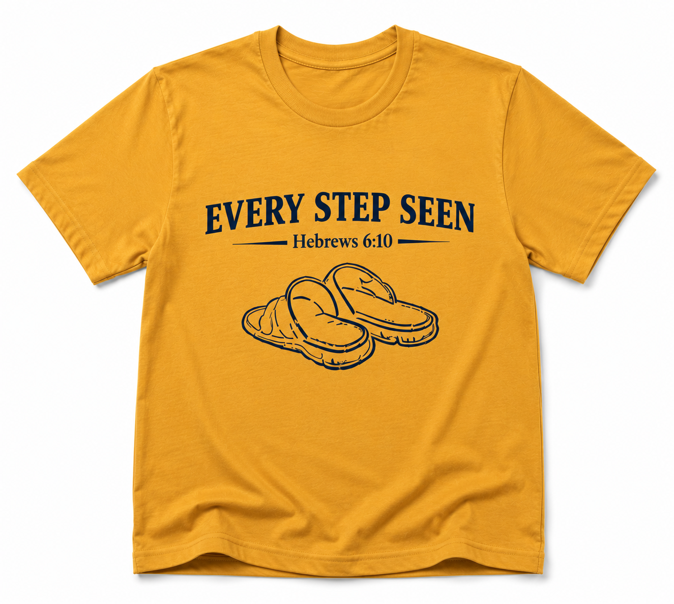 Mustard Christian T-shirt featuring the “Every Step Seen” design, reminding believers that God sees, knows, and walks with them through every step of life.