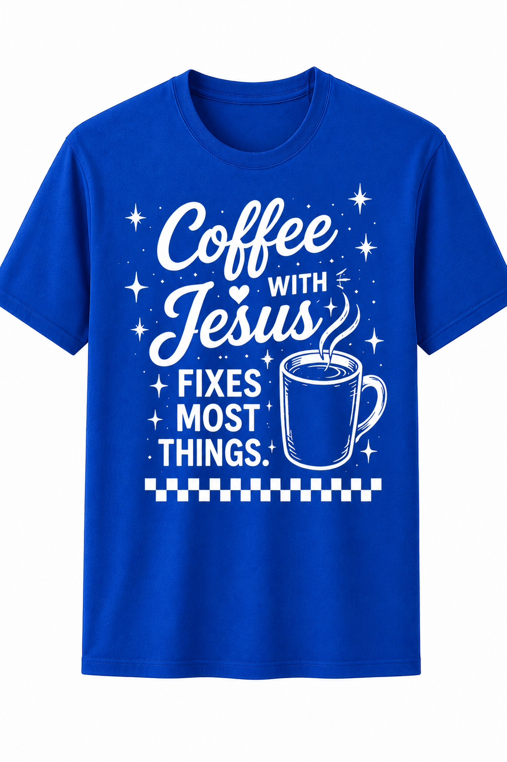 Royal Blue Christian T-shirt featuring the "Coffee with Jesus" design inspired by Luke 10:39–42, encouraging believers to slow down and spend intentional time with Jesus each day.