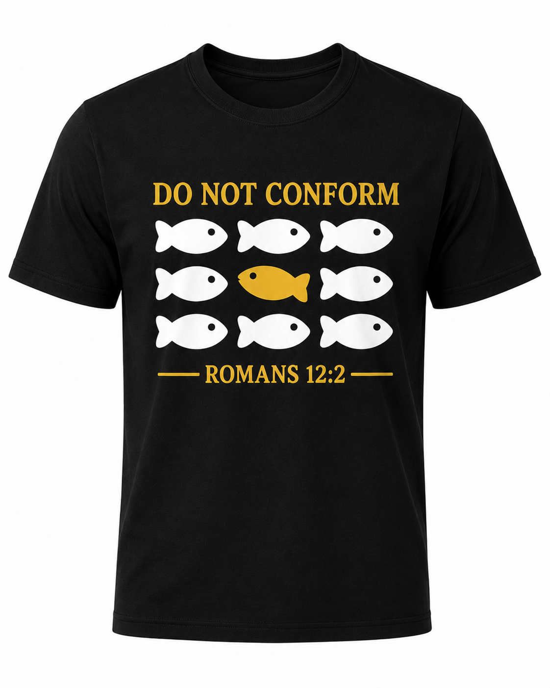 Black Christian T-shirt featuring the "Do Not Conform" design inspired by Romans 12:2, encouraging believers to stand apart from the world and be transformed by the renewing of their minds.
