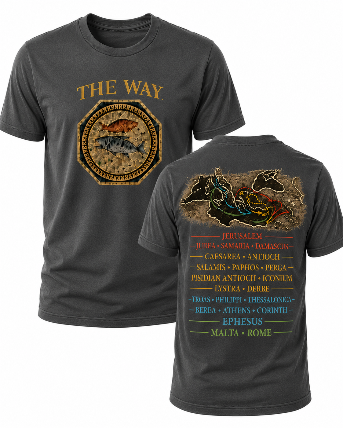 Dark Gray Christian T-shirt featuring "The Way" design inspired by John 14:6, highlighting the Apostle Paul's missionary journeys and proclaiming Jesus as the only way to the Father.