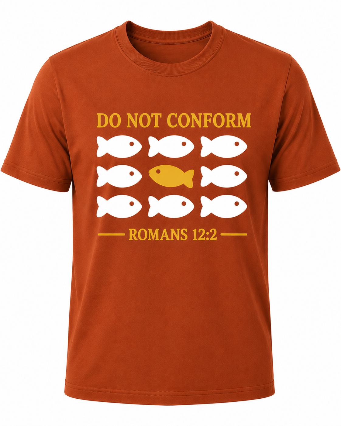 Rust Christian T-shirt featuring the "Do Not Conform" design inspired by Romans 12:2, encouraging believers to stand apart from the world and be transformed by the renewing of their minds.