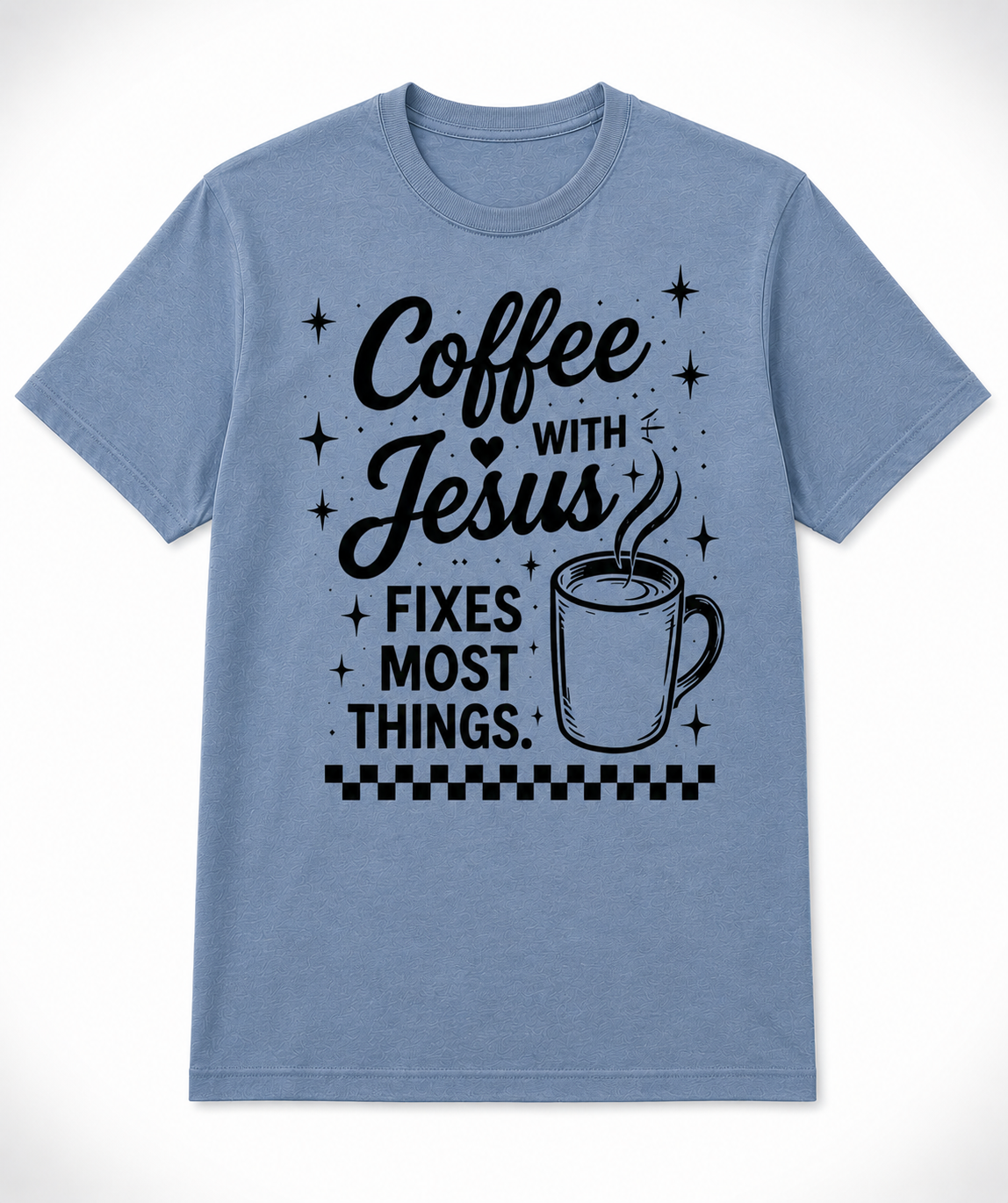 Dusty Blue Christian T-shirt featuring the "Coffee with Jesus" design inspired by Luke 10:39–42, encouraging believers to slow down and spend intentional time with Jesus each day.
