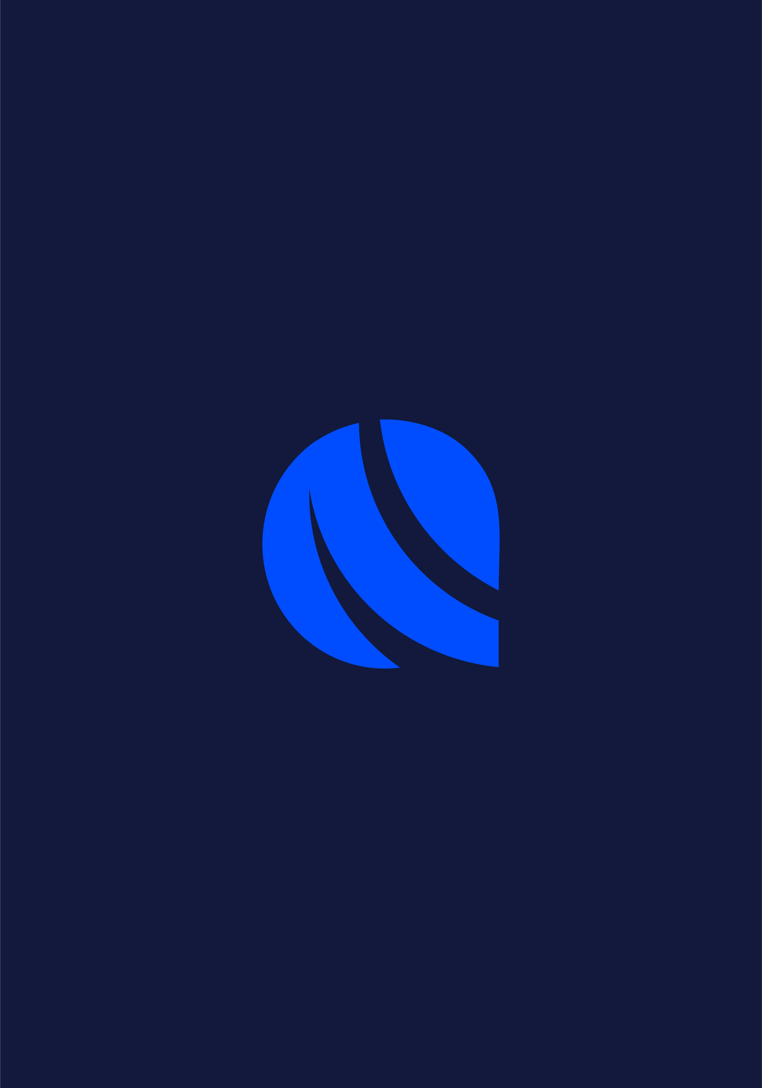 Logotipo azul com forma circular e linhas diagonais, sobre fundo azul escuro.
