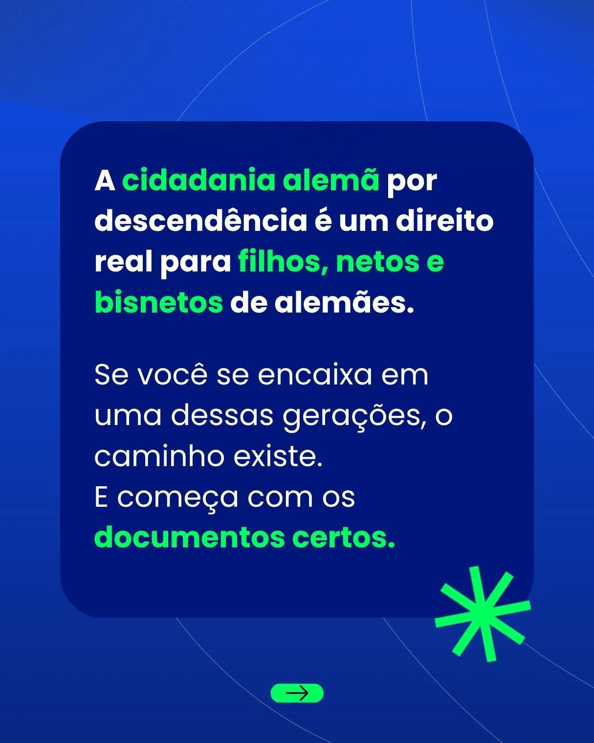 Texto explicando que a cidadania alemã por descendência é um direito real para filhos, netos e bisnetos de alemães, incentivando a buscar documentos corretos, com elementos gráficos em cores verde e azul.