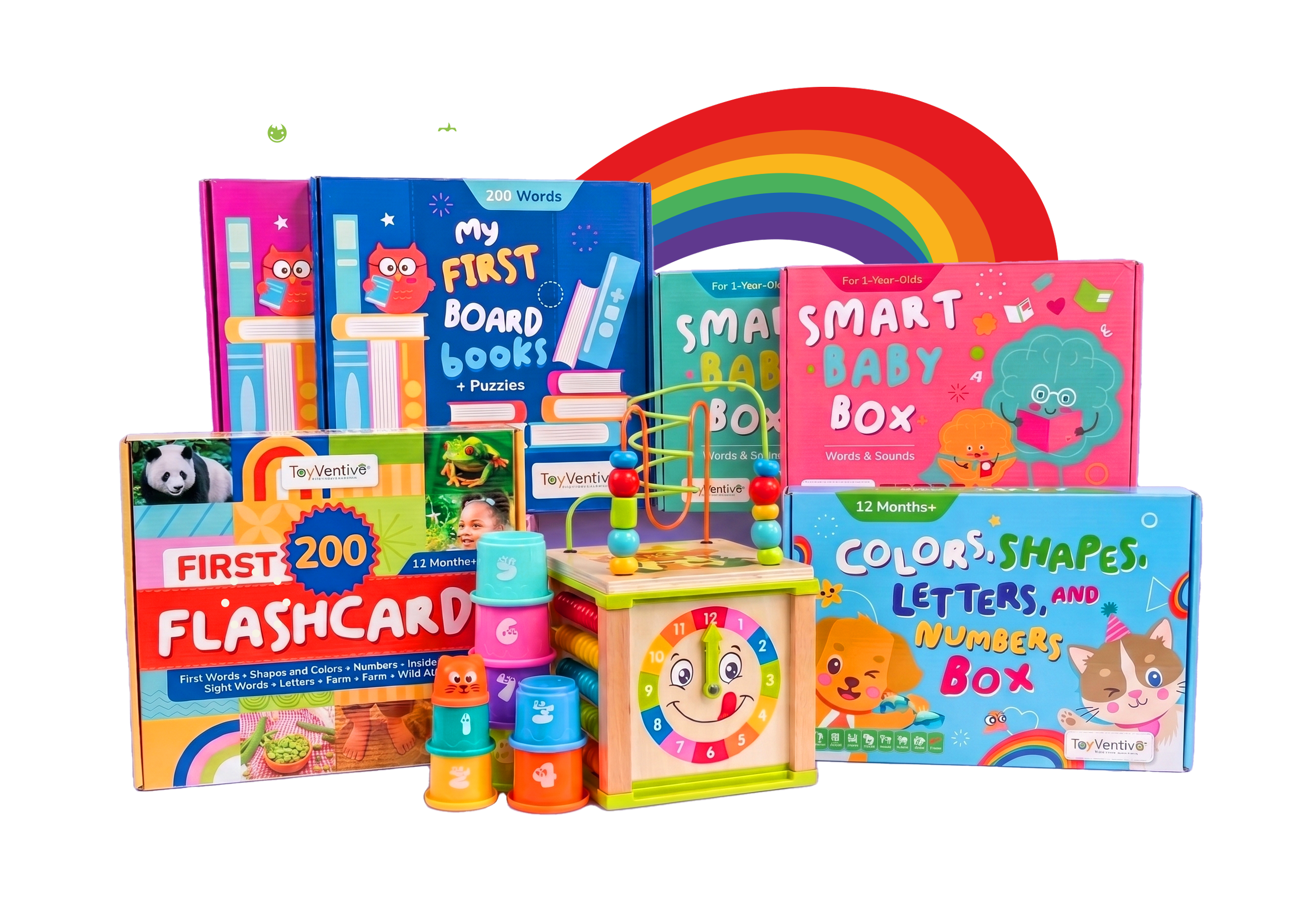 Brinquedos educativos coloridos para crianças, incluindo livros, jogos de montar e brinquedos de empilhar, desenhados para aprendizado precoce.