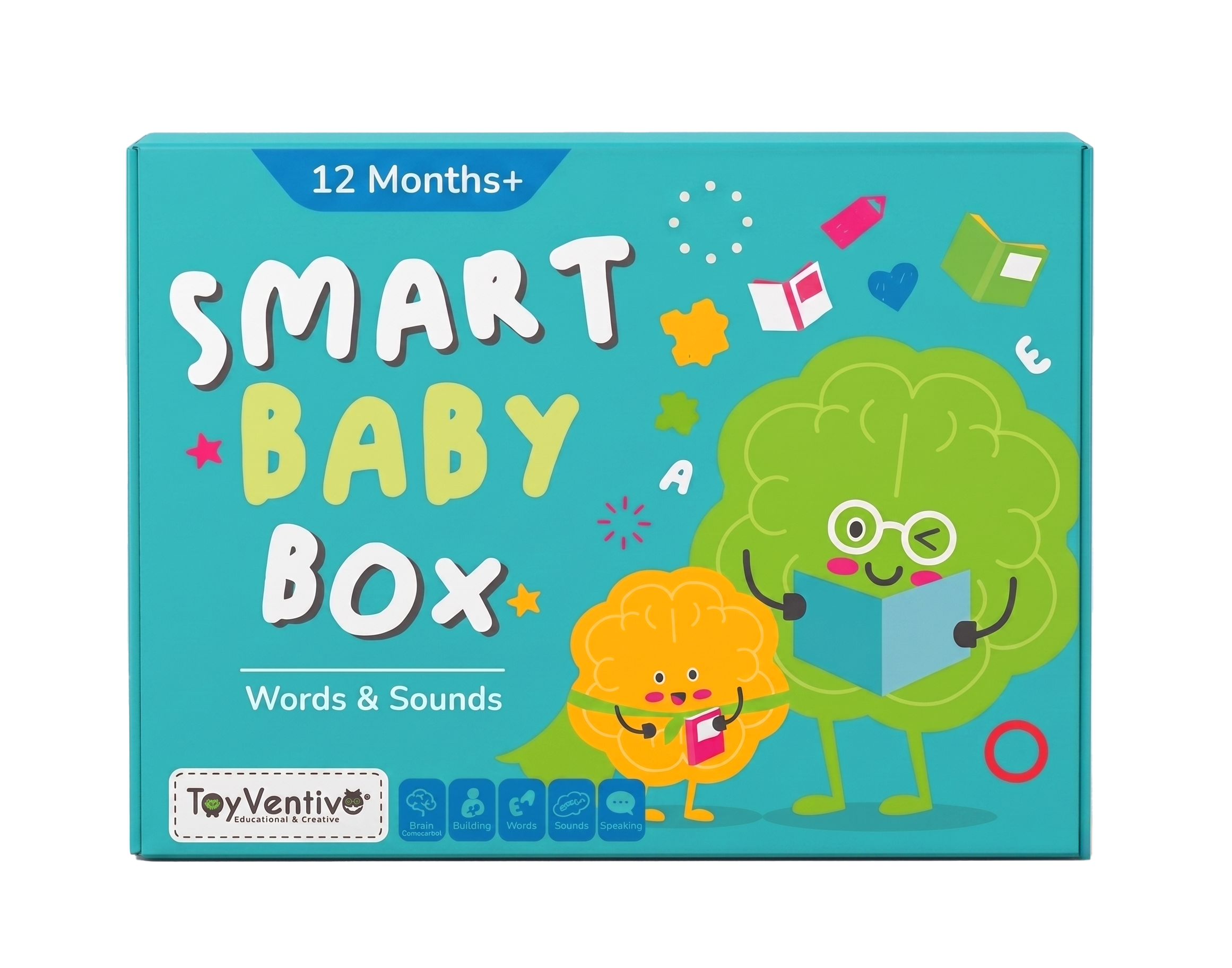 Caixa de brinquedo educativo de cores vibrantes, com desenhos de animais e palavras em inglês para crianças de 12 meses ou mais, incluindo elementos que representam cérebro, construção, palavras, sons e fala.