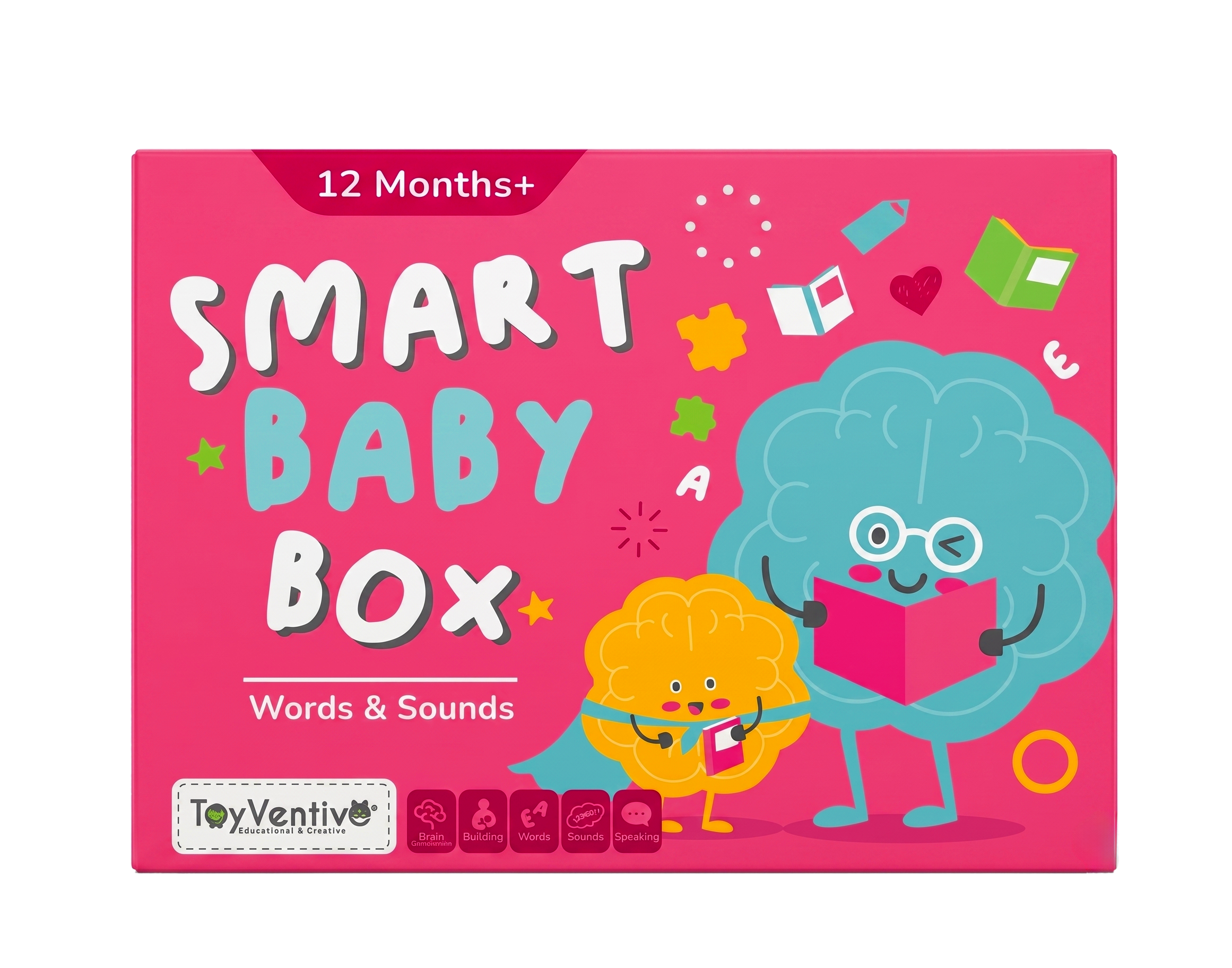 Caixa de brinquedos educacionais para crianças de 12 meses ou mais, com emojis de animais, nuvens e personagens fofos na embalagem rosa.