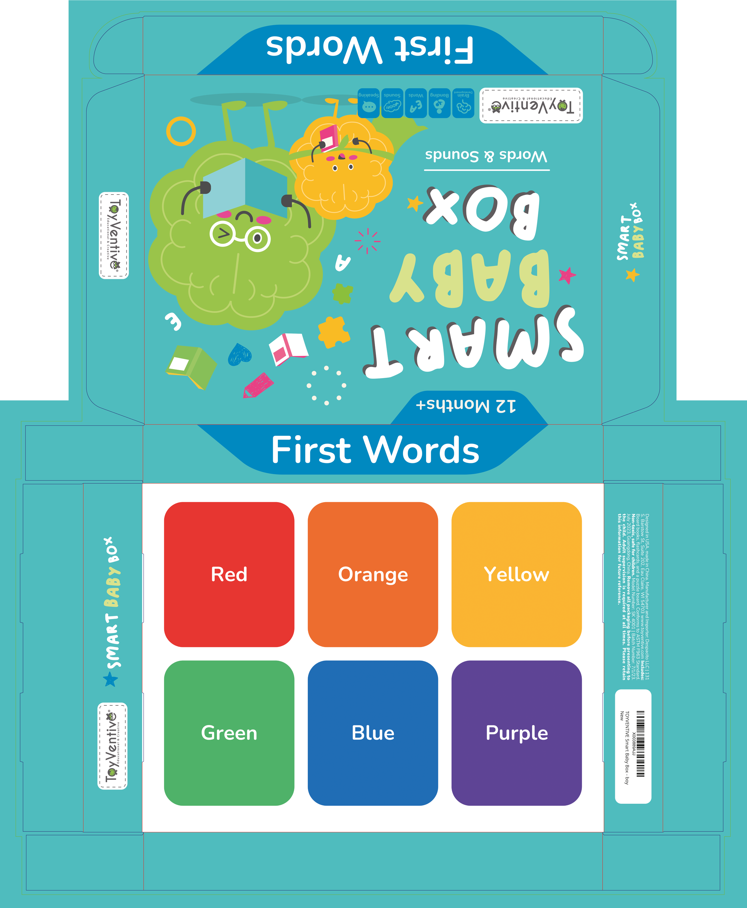 Caixa de brinquedo com tema de primeiras palavras em inglês para bebês, com ilustrações de uma ovelha, uma flor e letras coloridas incluindo vermelho, laranja, verde, azul e roxo, em estilo infantil
