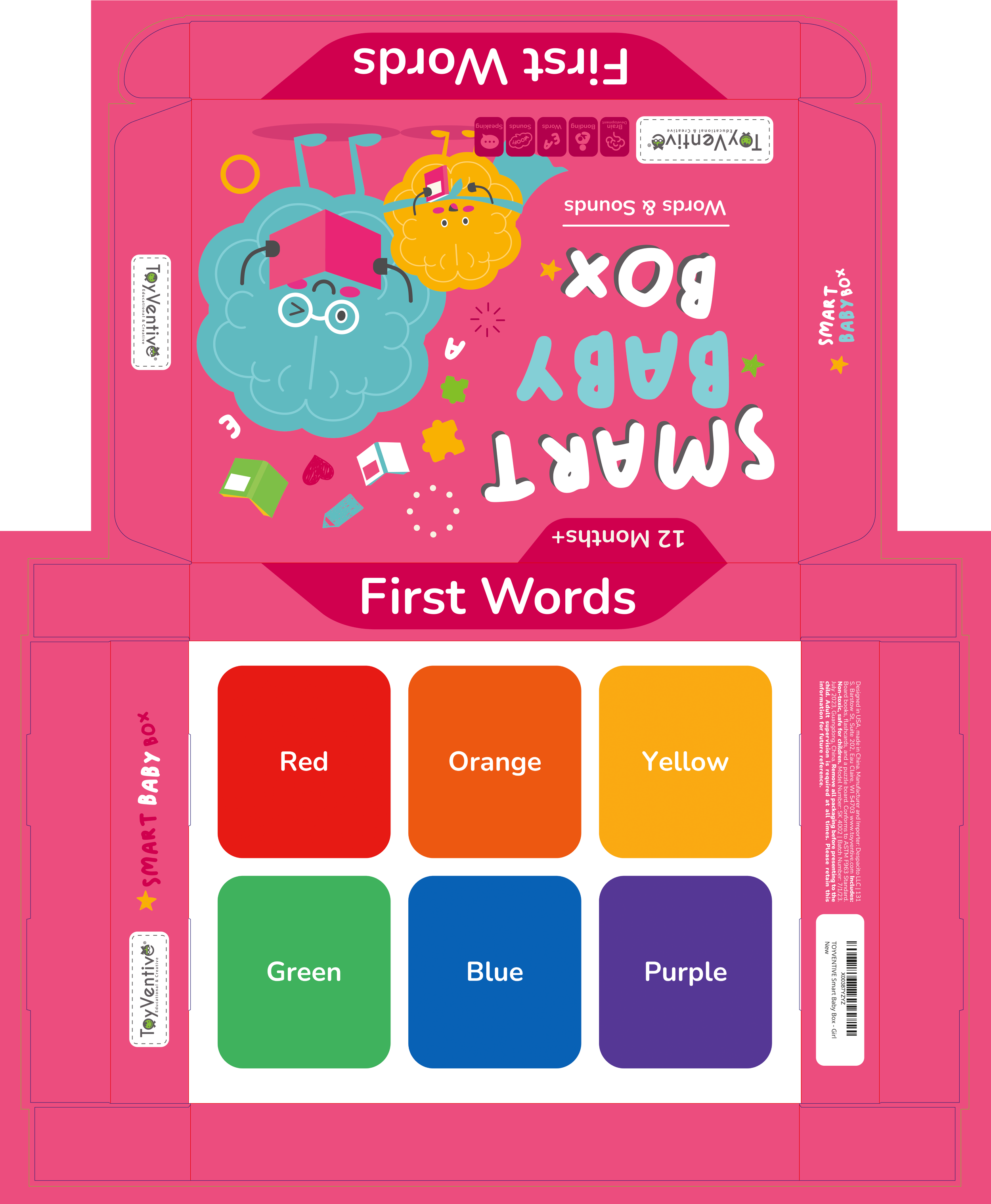 Embalagem rosa de brinquedo educativo para crianças, com figuras de livros, blocos, quebra-cabeças e cores, destinada a crianças de 12 meses ou mais. Inclui cores como vermelho, laranja, amarelo, verde, azul e roxo, voltada para ensinar primeiras palavras em inglês.