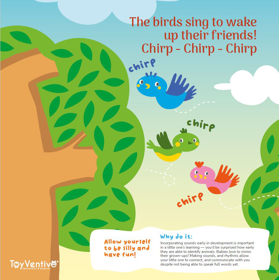 Ilustração de três pássaros coloridos cantando em uma árvore, cada um fazendo 'chirp'. Texto em inglês e português incentivando a diversão e o aprendizado com sons e ritmo.