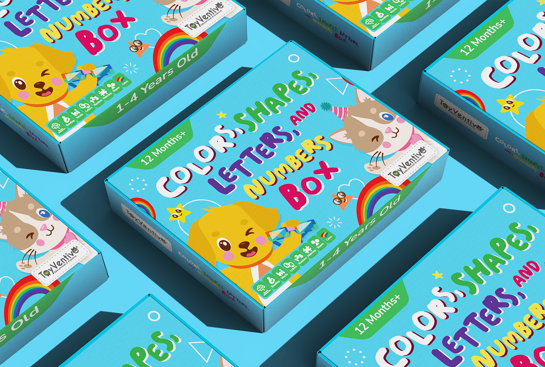 Vários brinquedos educativos em caixas, destacando uma caixa colorida com ilustrações de animais, arco-íris e texto que indica ser para crianças de 1 a 4 anos, com tema de cores, formas, letras, números, e dança, voltados ao público infantil.