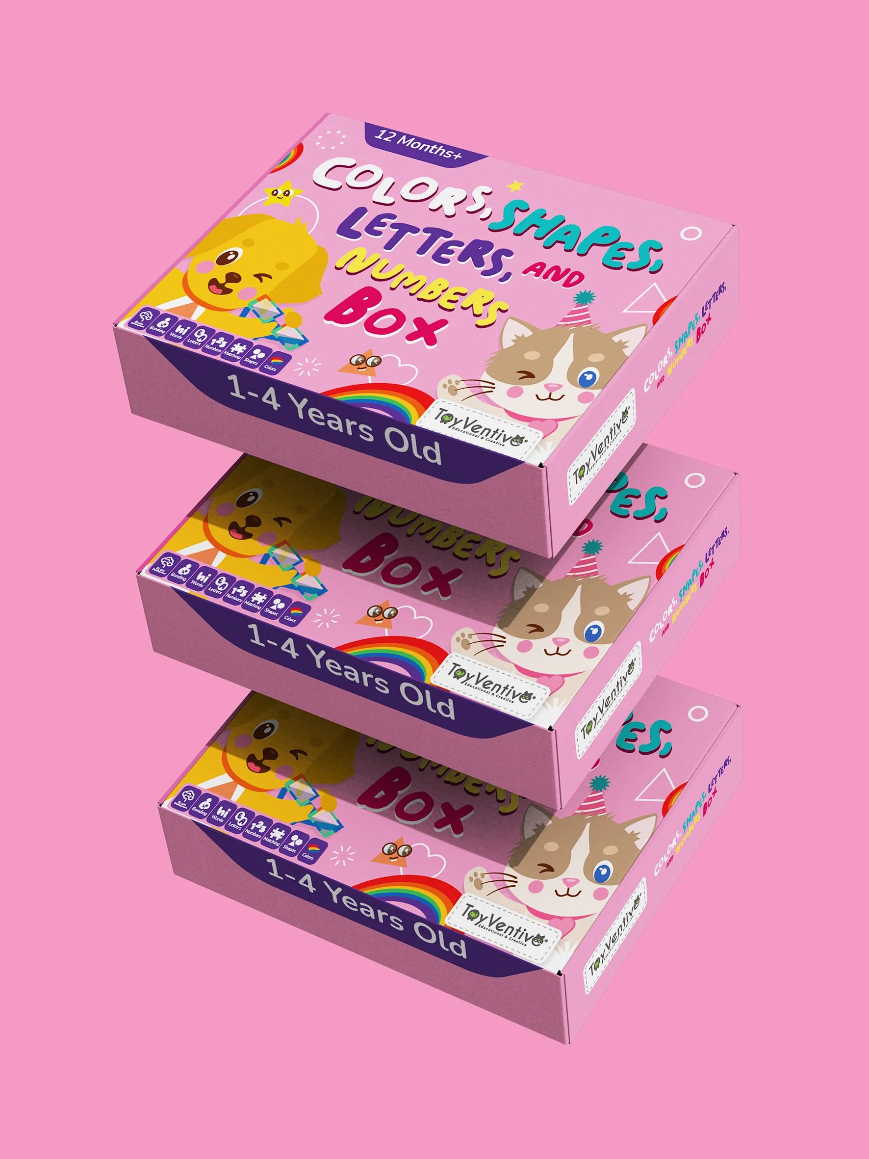 Três caixas de brinquedos coloridos para crianças de 1 a 4 anos, com desenhos de animais felizes e arco-íris, sobre fundo rosa.