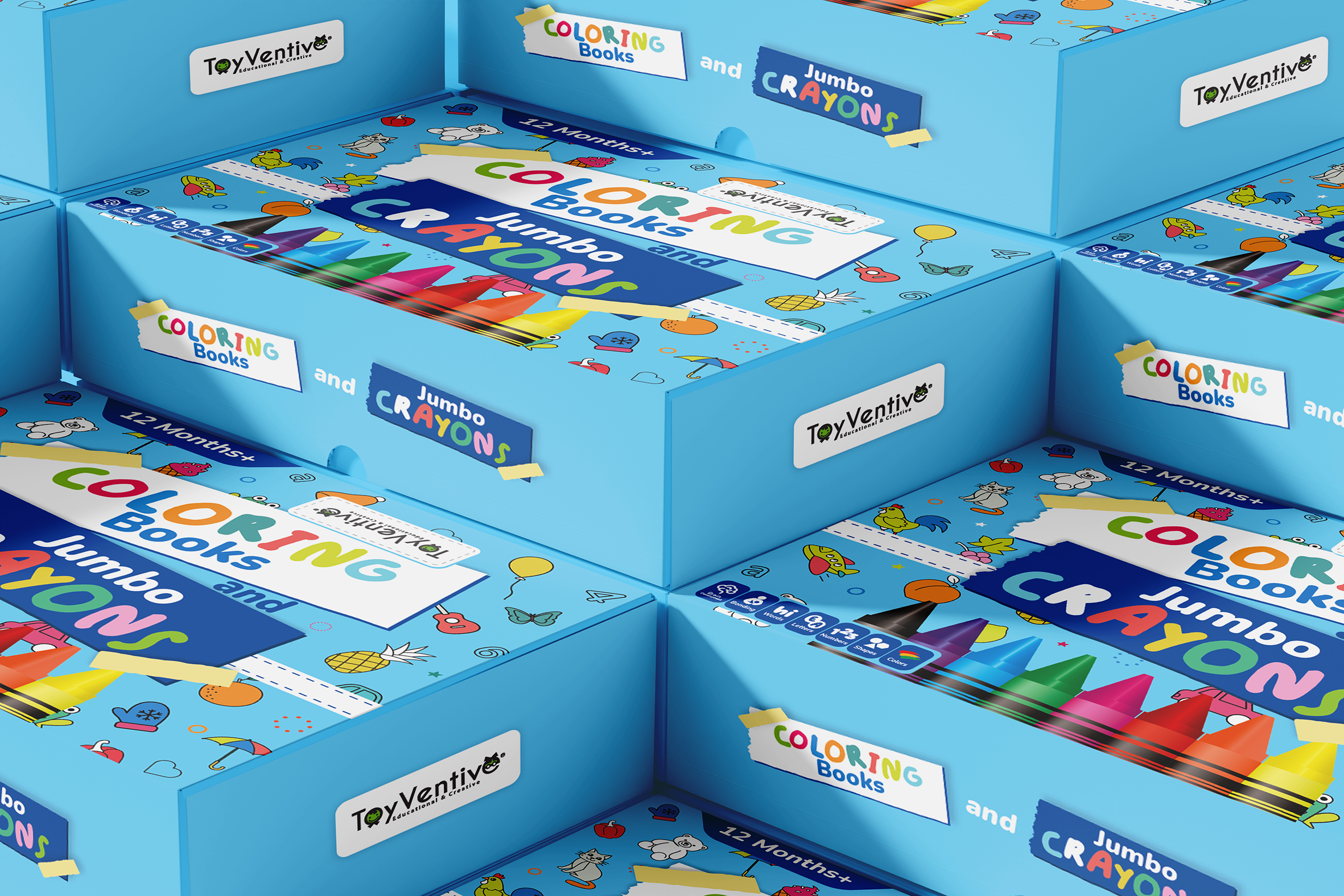 Caixa de livros para colorir e jumbo de lápis de cor, decorada com desenhos de animais, balões, frutas e símbolos infantis sobre fundo azul, com marca ToyVenti e etiquetas destacando 12 meses de idade.