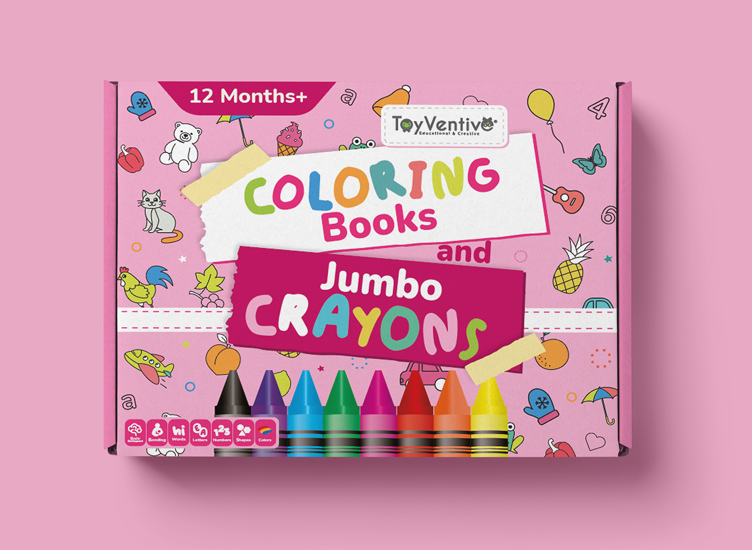 Caixa de livros de colorir para crianças com decoração colorida e elementos divertidos, adequado para crianças acima de 12 meses.
