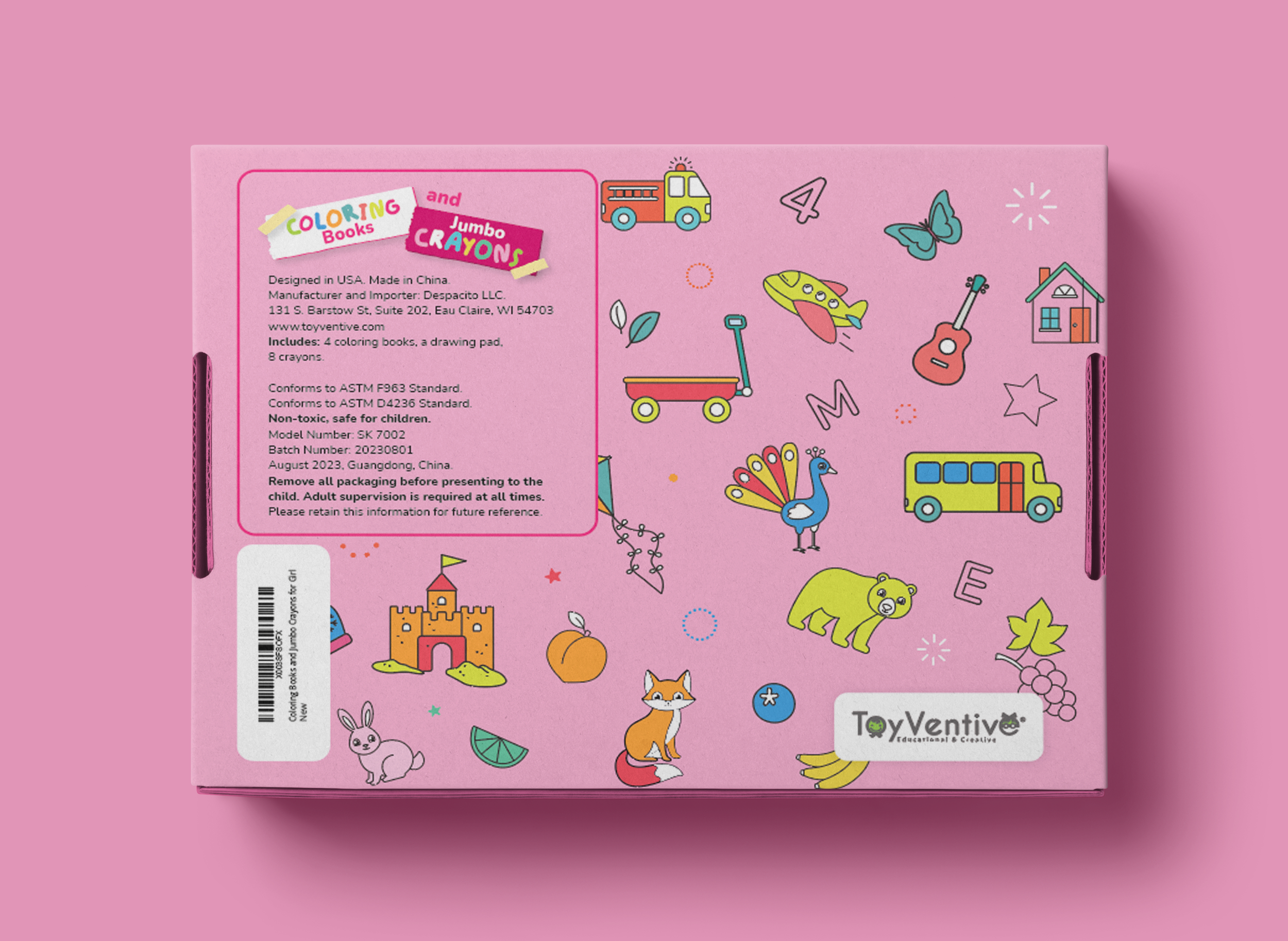 Caixa de livrinhos de colorir infantil com desenhos de animais, brinquedos e uma casa em fundo rosa, da marca ToyVentine.