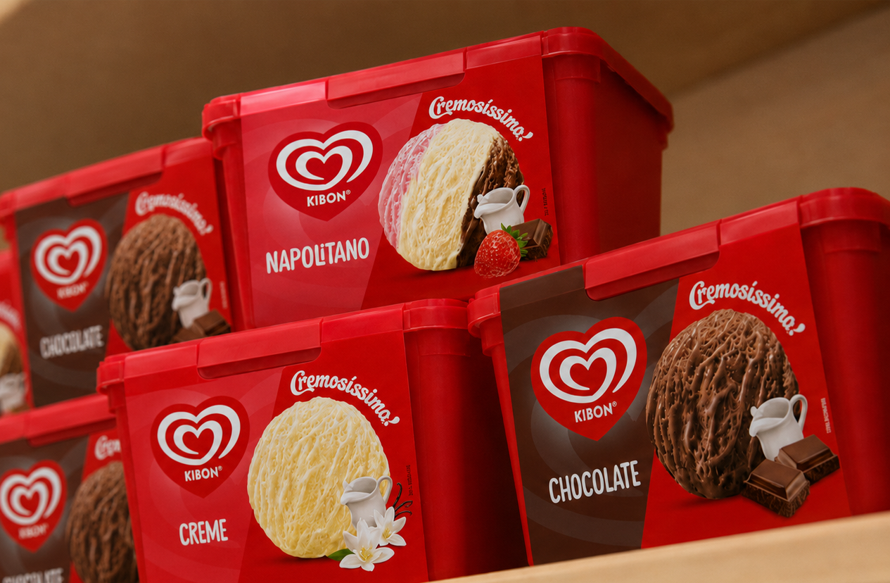 Caixas de sorvete Kibon com sabores Creme, Napolitano e Chocolate, em embalagem vermelha.