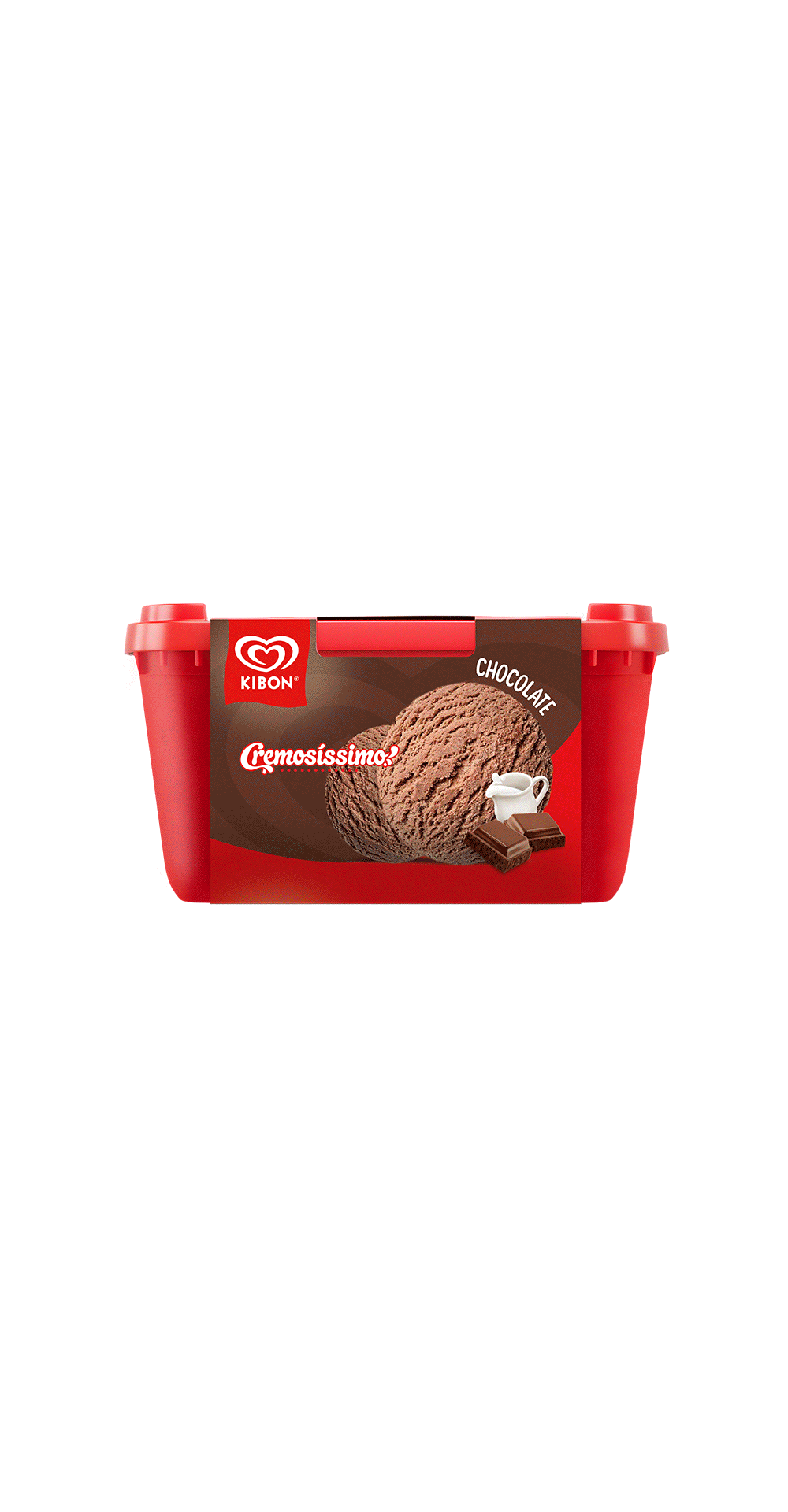 Pote de sorvete de chocolate Cremossíssimo Kibon com imagem de uma bola de sorvete, barras de chocolate, leite e a marca Kibon.