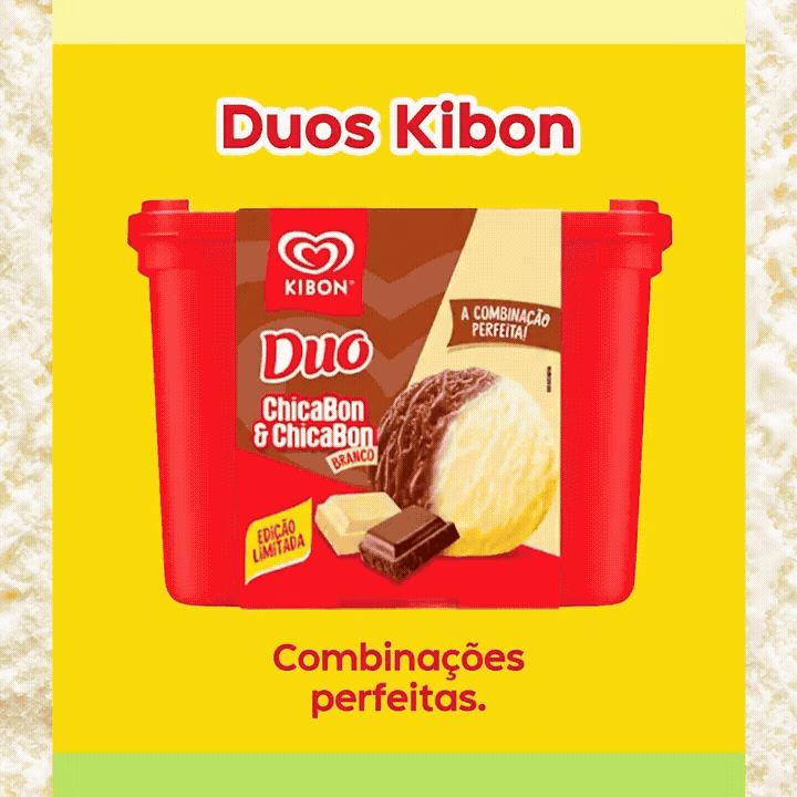 Imagem de um pote de sorvete Duos Kibon com embalagem vermelha, incluindo uma bola de sorvete com cobertura de chocolate e duas barras de chocolate, uma branca e uma escura, ao lado, sobre fundo amarelo.