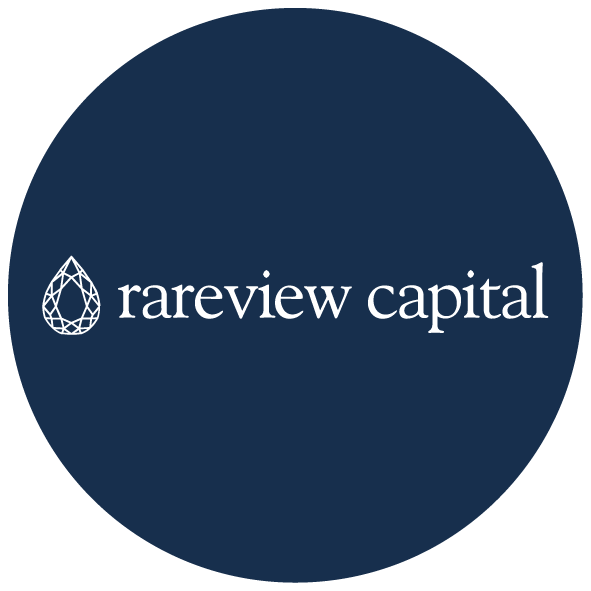 Logotipo do Rareview Capital em fundo azul escuro, com símbolo de diamante ao lado do nome.