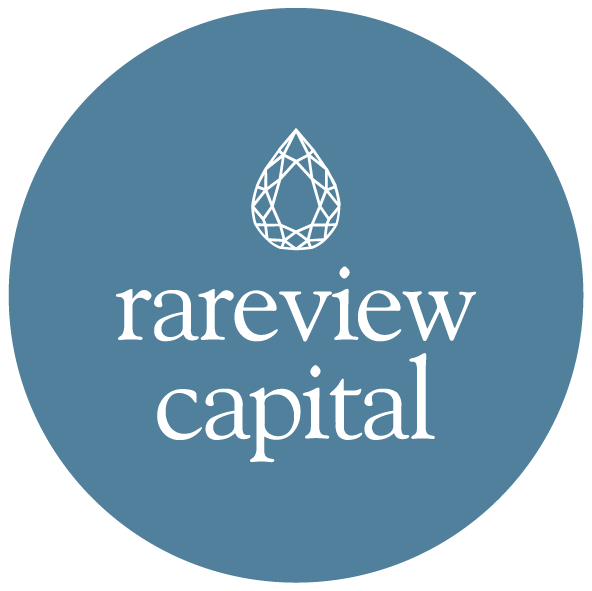 Logotipo circular com ícone de gota de água e as palavras "rareview capital" ao centro