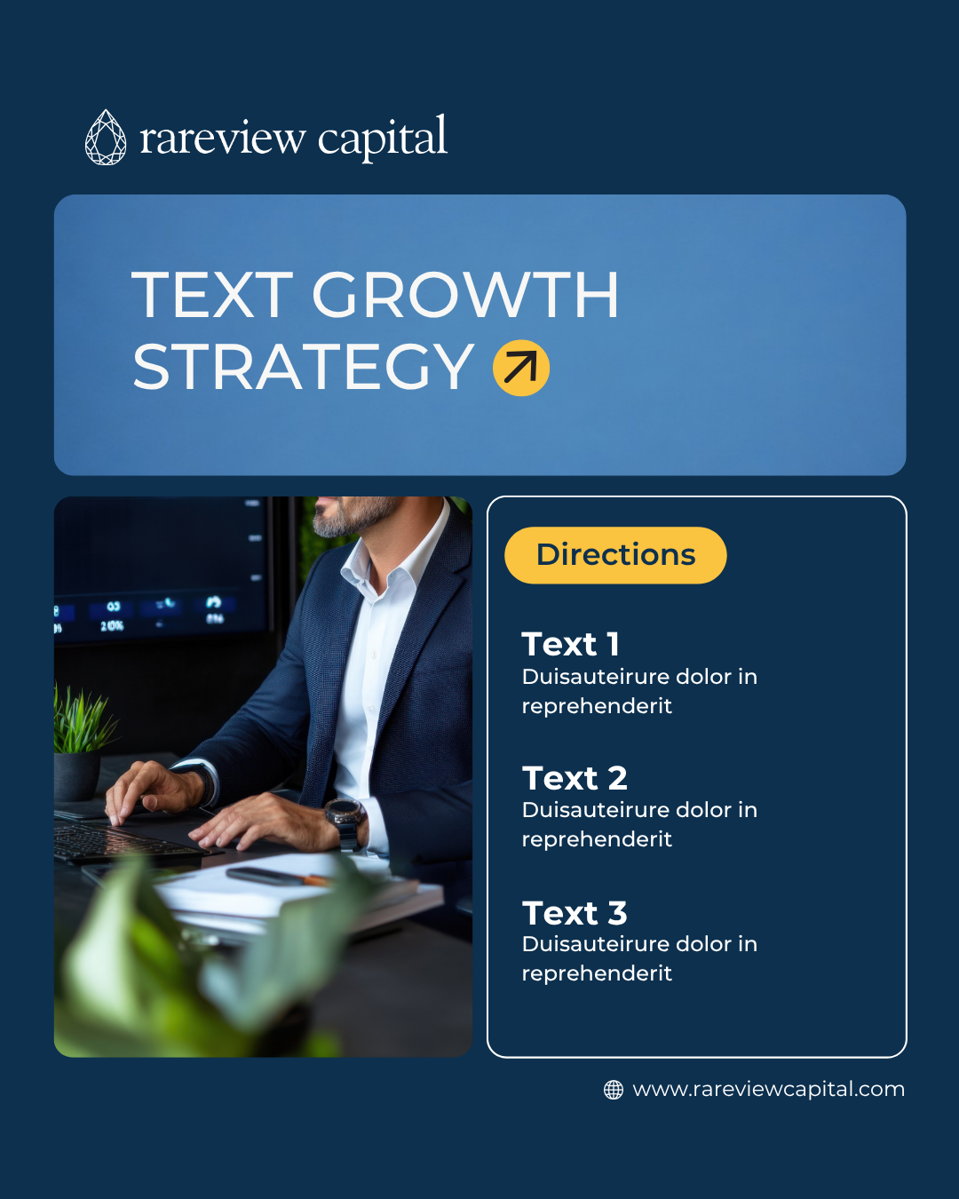 Design gráfico de estratégia de crescimento de texto com logo de rareview capital, uma imagem de um homem de terno usando um laptop, e uma seção de instruções com três textos explicativos, uma legenda do site e ícone de globo.