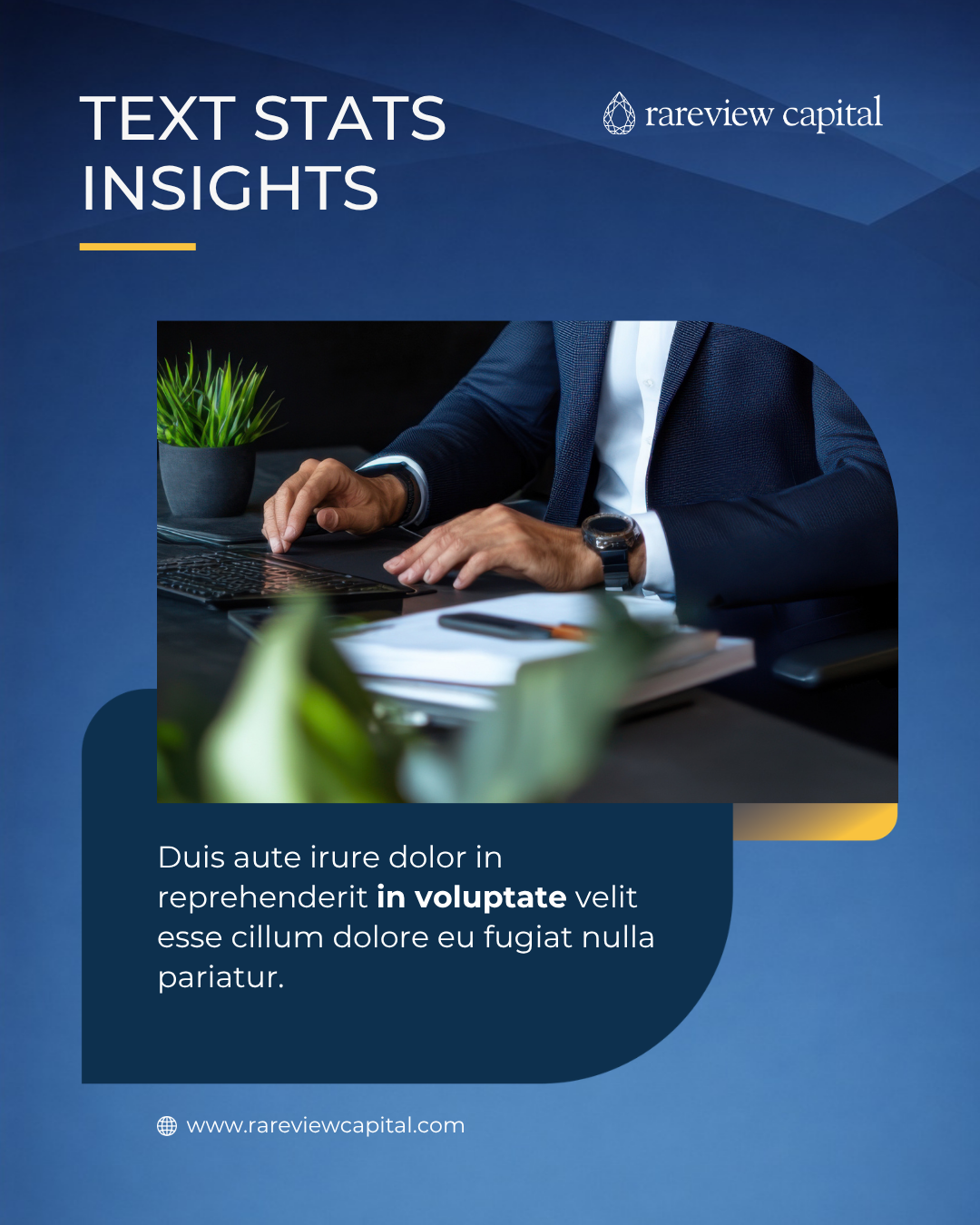 Imagem de um documento com o título 'Text Stats Insights' da Rareview Capital, incluindo uma foto de uma pessoa usando terno ao computador e texto fictício em português.