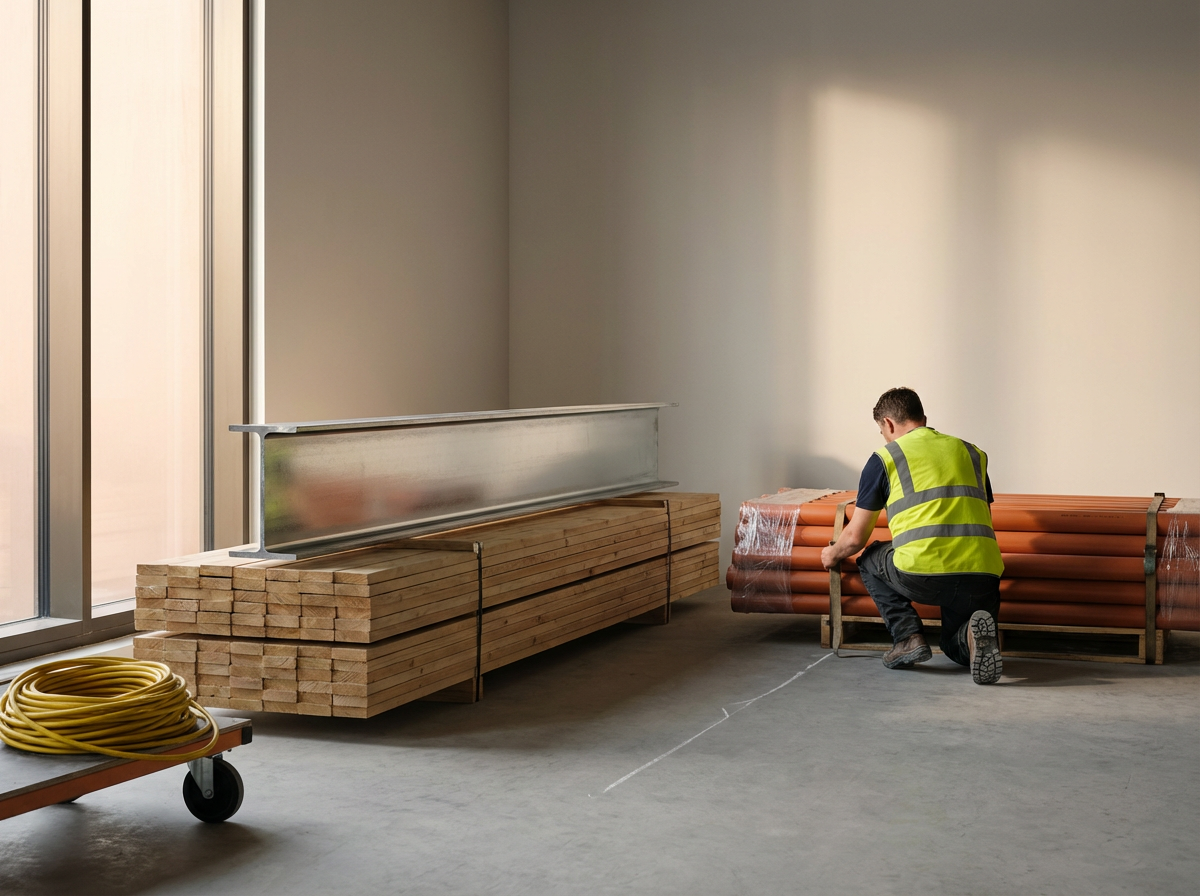 A worker in a yellow safety vest kneeling on the floor next to stacks of pipes and construction materials in an unfinished room with concrete floor and bare walls.