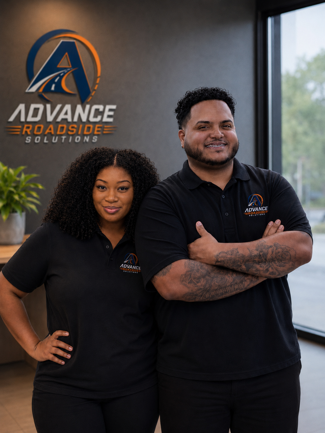 Two employees standing in front of an 'Advance Roadside Solutions' logo on the wall. They are wearing black polo shirts with the company's logo.  24/7 Emergency Roadside Service. Call NOW (336) 528-4857
