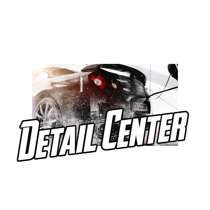 A black sports car inside a detailing shop being washed with water, with a large "Detail Center" logo overlaid.