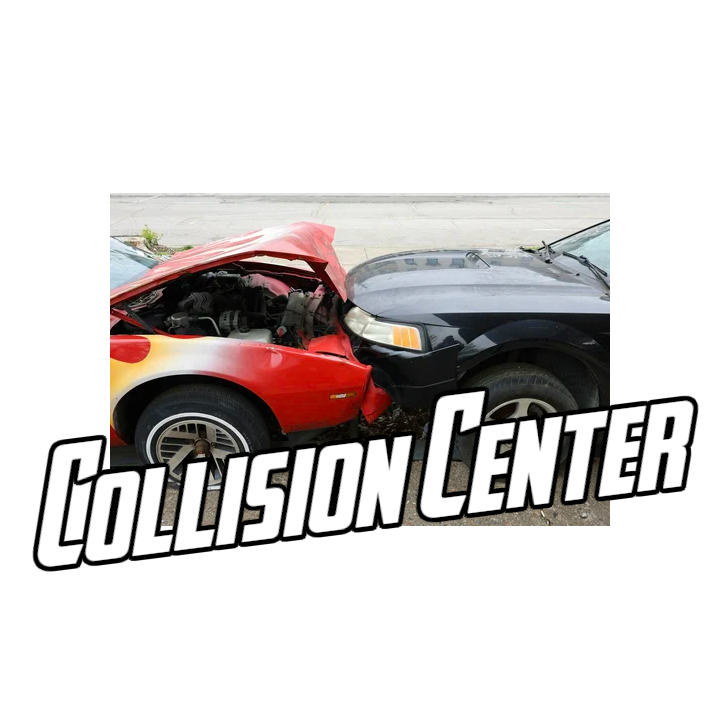 Photograph of a car accident with a red and a black vehicle collided head-on, with the words 'Collision Center' overlaid in bold white text.