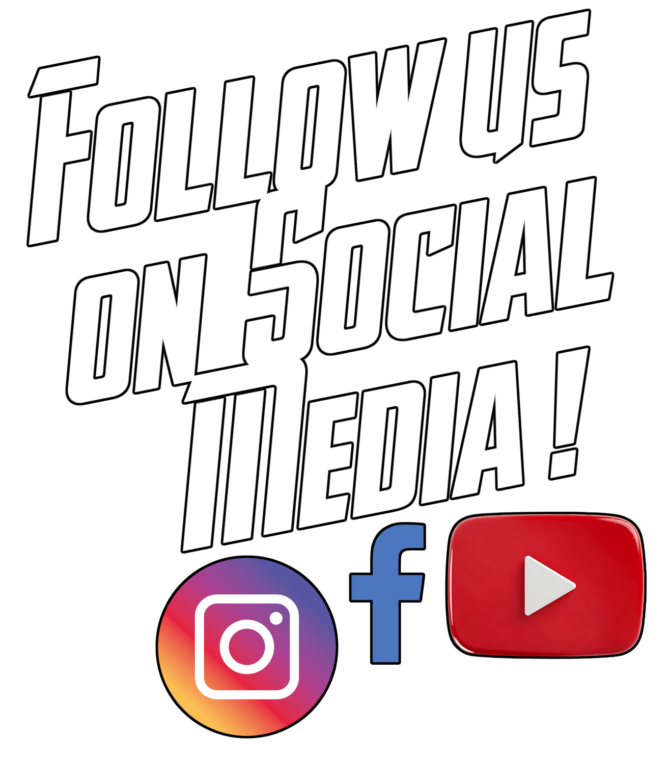 Social media icons for Instagram, Facebook, and YouTube with a bold text message encouraging following on social media platforms.