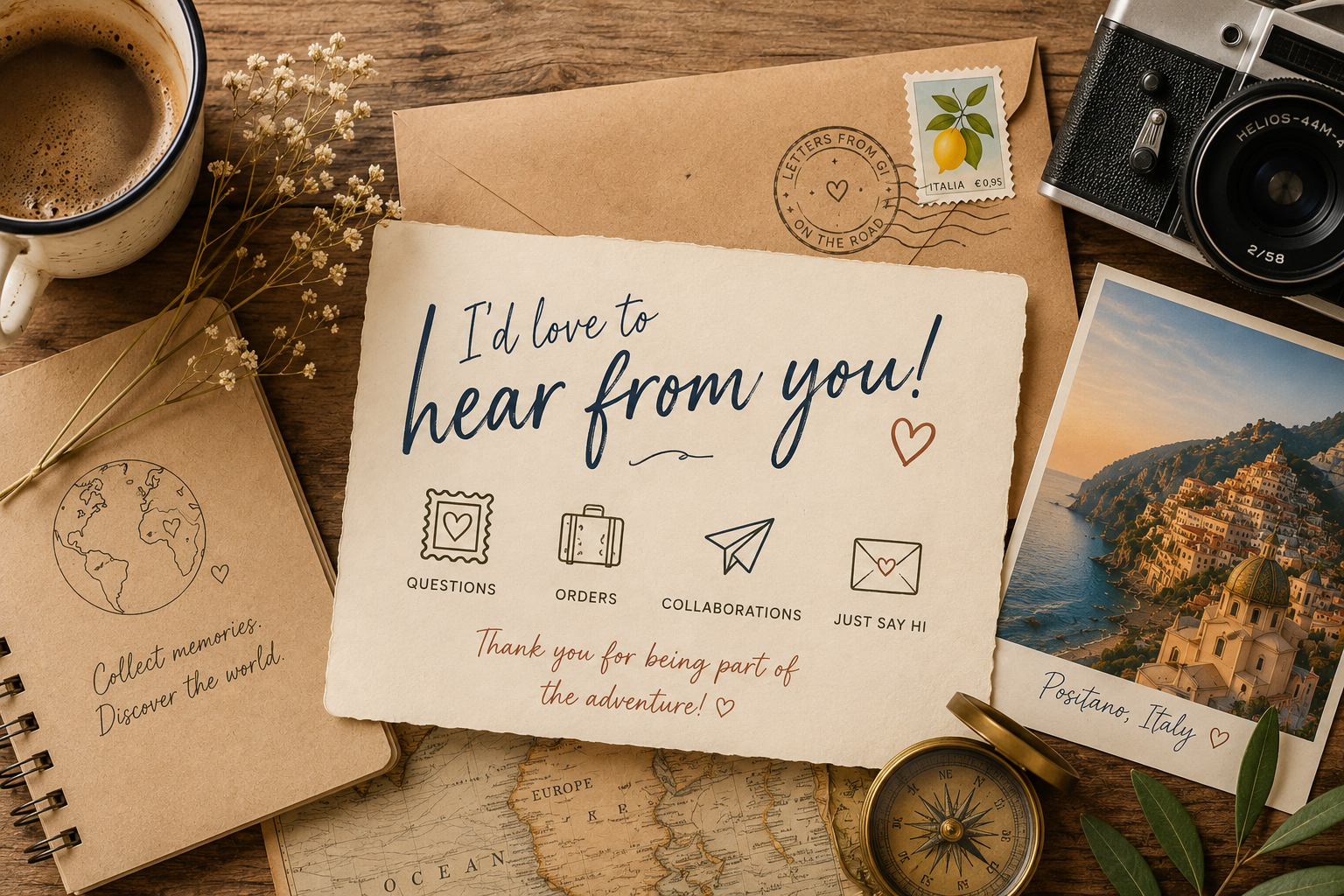 Travel-themed scene with a greeting card that says "I'd love to hear from you!" decorated with icons and messages, a camera, a postcard of Positano, Italy, a coffee mug, a small notebook with a world map, a compass, an envelope with a postage stamp, a vintage filter, dried flowers, and a wooden surface and map in the background.