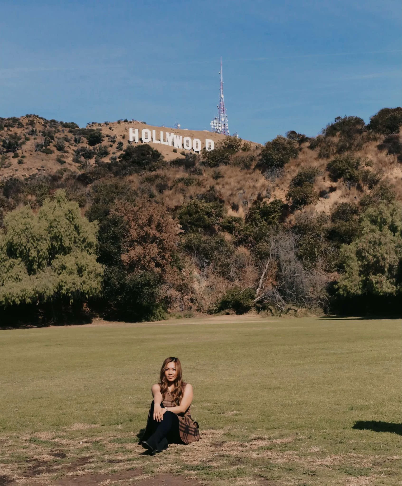 A woman with long hair sitting on the grass in a park with the Hollywood sign on a hill and a radio tower in the background.