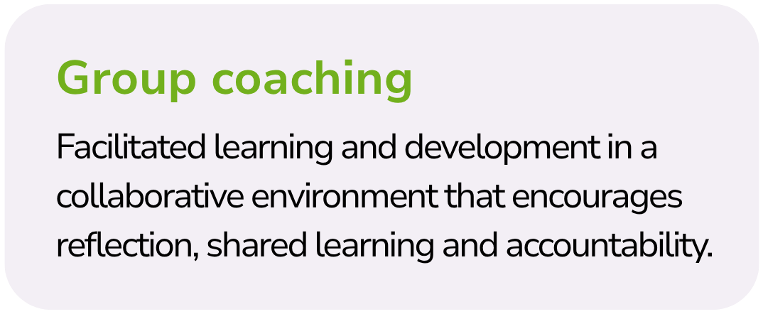 Definition of group coaching in educational setting, emphasizing facilitated learning, collaboration, reflection, shared learning, and accountability.