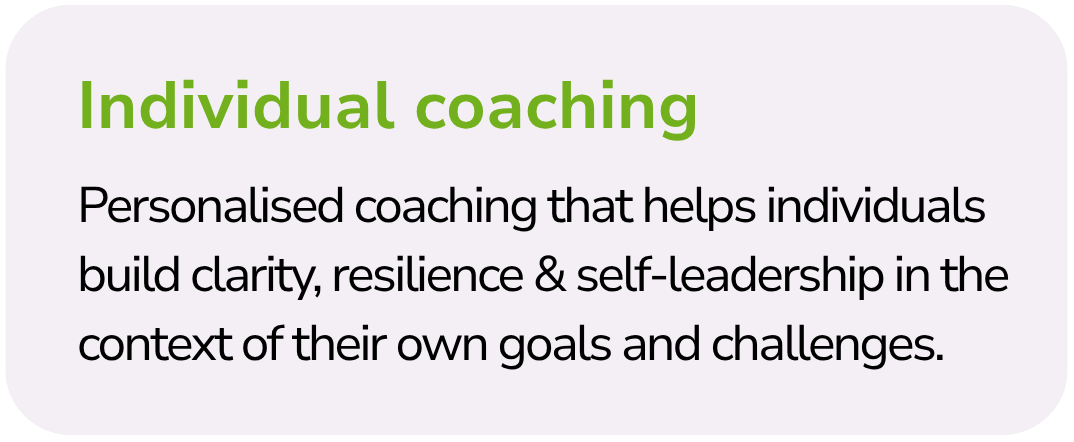 Text about individual coaching, describing personalized coaching that helps build clarity, resilience, and self-leadership in relation to personal goals and challenges.