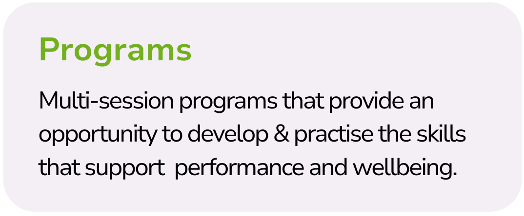 Text slide with the title 'Programs', followed by text explaining multi-session programs that promote skill development and wellbeing.