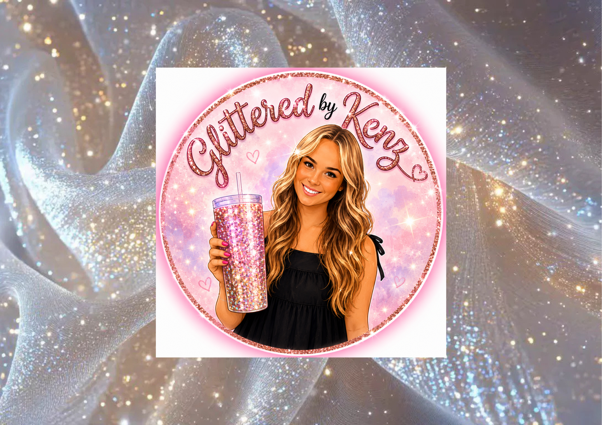 A graphic design featuring a young woman with long, wavy blonde hair, smiling, and holding a pink glittery tumbler with a straw. The background is pink with small hearts and star-like sparkles, with the text "Glitered by Kenz" in a glittery pink and black font.