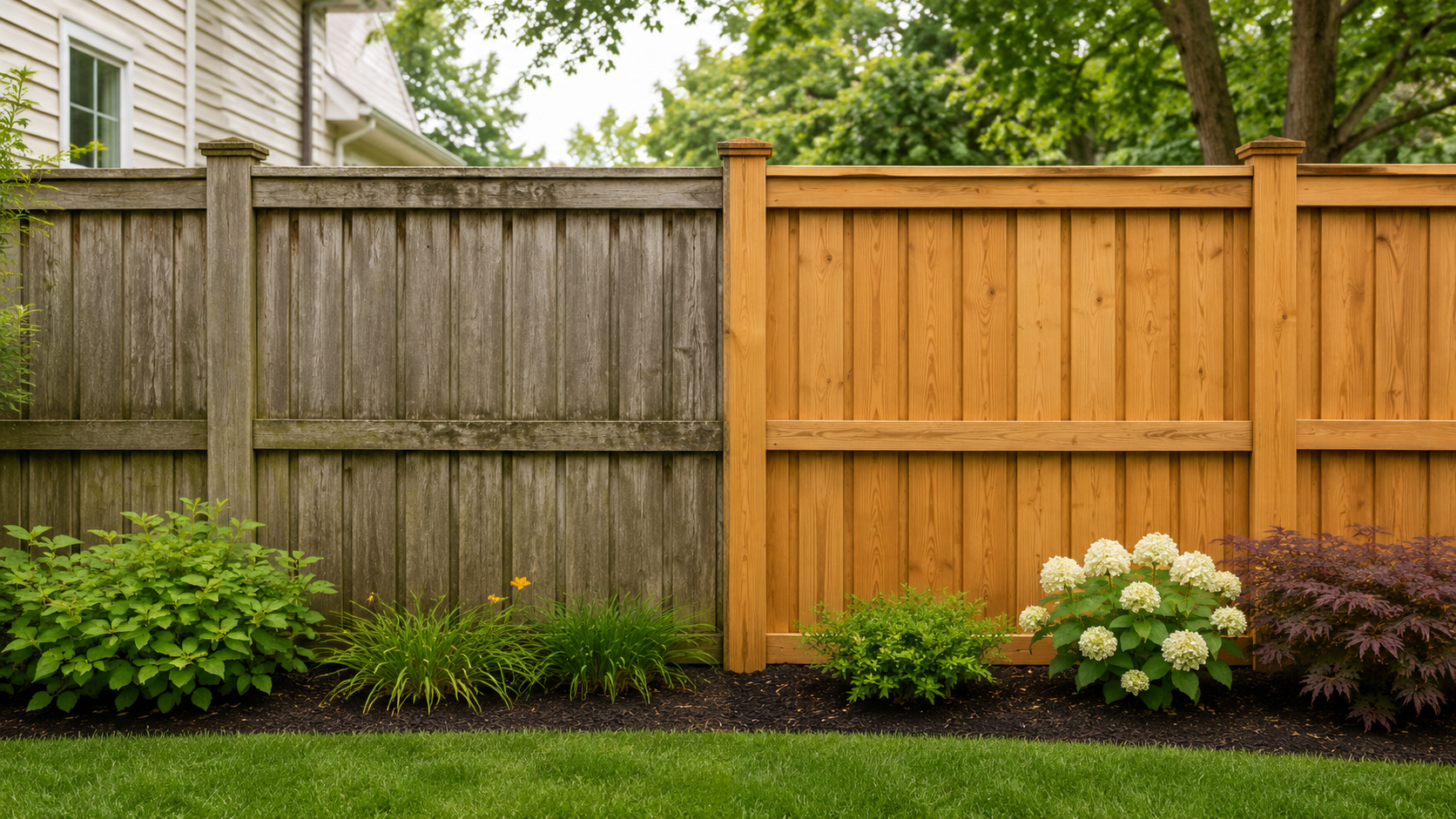 A backyard garden with a lawn and flower bed, divided by a two-tone wooden fence with one side weathered gray and the other new wood, with flowering plants and bushes.