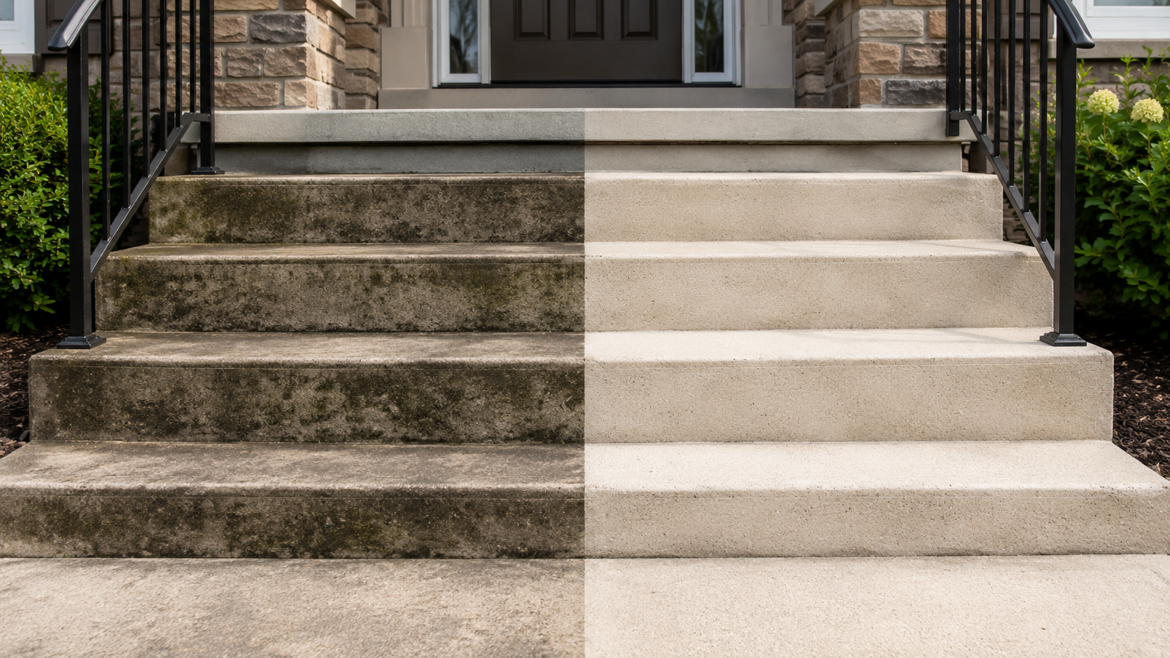 Comparison of a weathered, dirty concrete staircase on the left and a clean, new concrete staircase on the right leading to a front door.