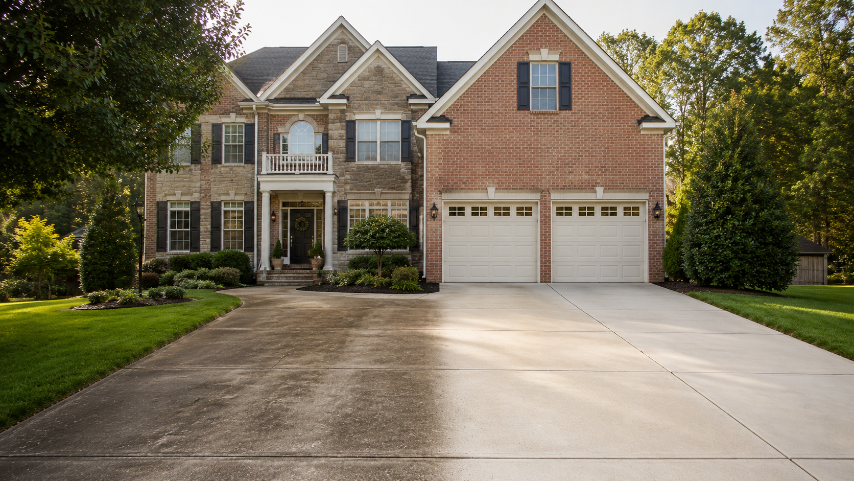 Front view of a large two-story house with a brick and stone exterior, a three-car garage, manicured lawn, trees, and bushes, with a concrete driveway leading up to the garage.