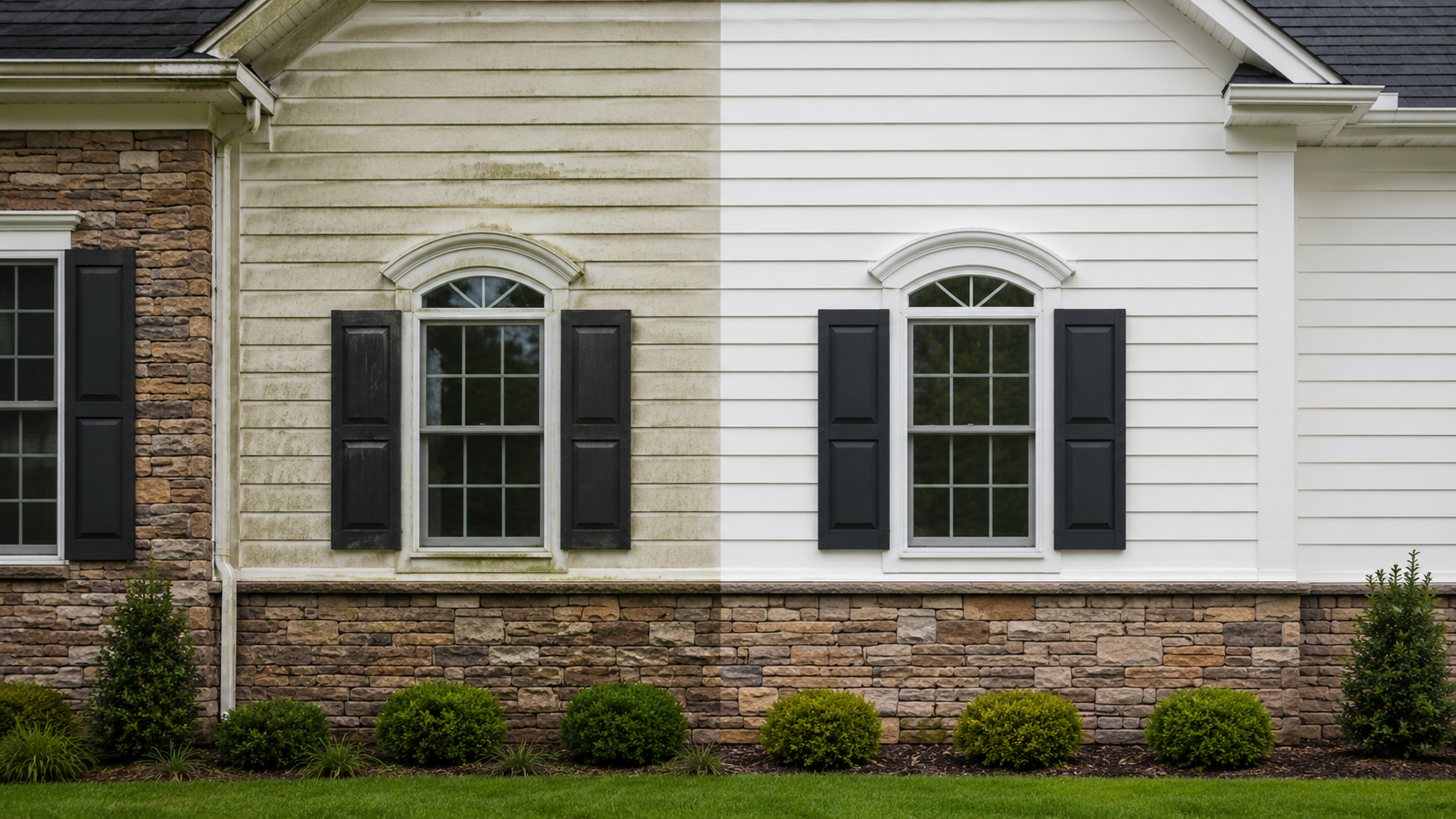 Comparison of two house exterior walls: the left side shows a stained, dirty, and weathered white siding with black shutters; the right side shows a clean, painted white siding with black shutters.