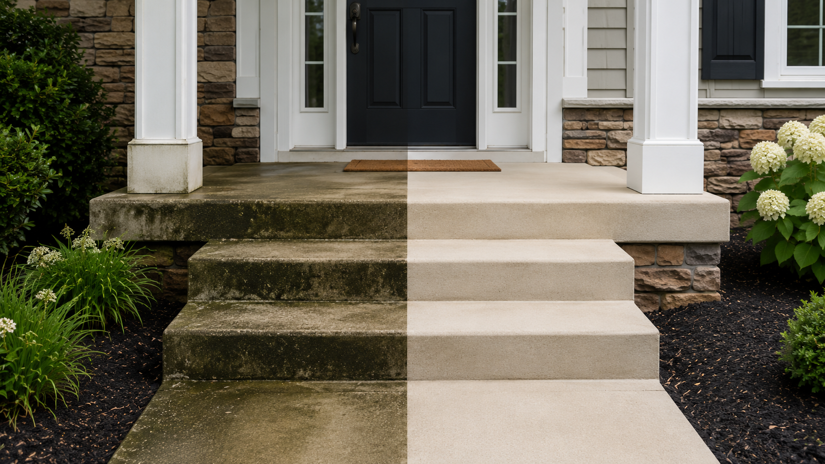 A split image showing the front porch of a house. The left side depicts an older, moss-covered concrete step and sidewalk, while the right side shows a clean, new concrete step and sidewalk. The house has a black door with glass panels, white trim, and stone accents around the base of the house. There are bushes and white flowers on either side of the porch.