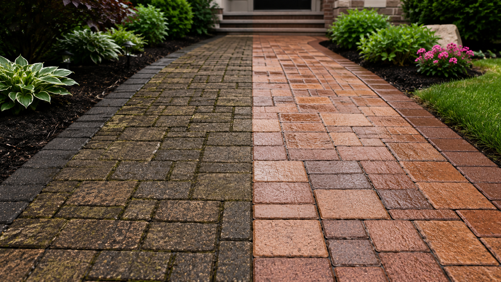 Comparison of two pathways: one made of weathered gray bricks with moss, and the other of wet, reddish bricks, leading to steps at a house entrance surrounded by plants.